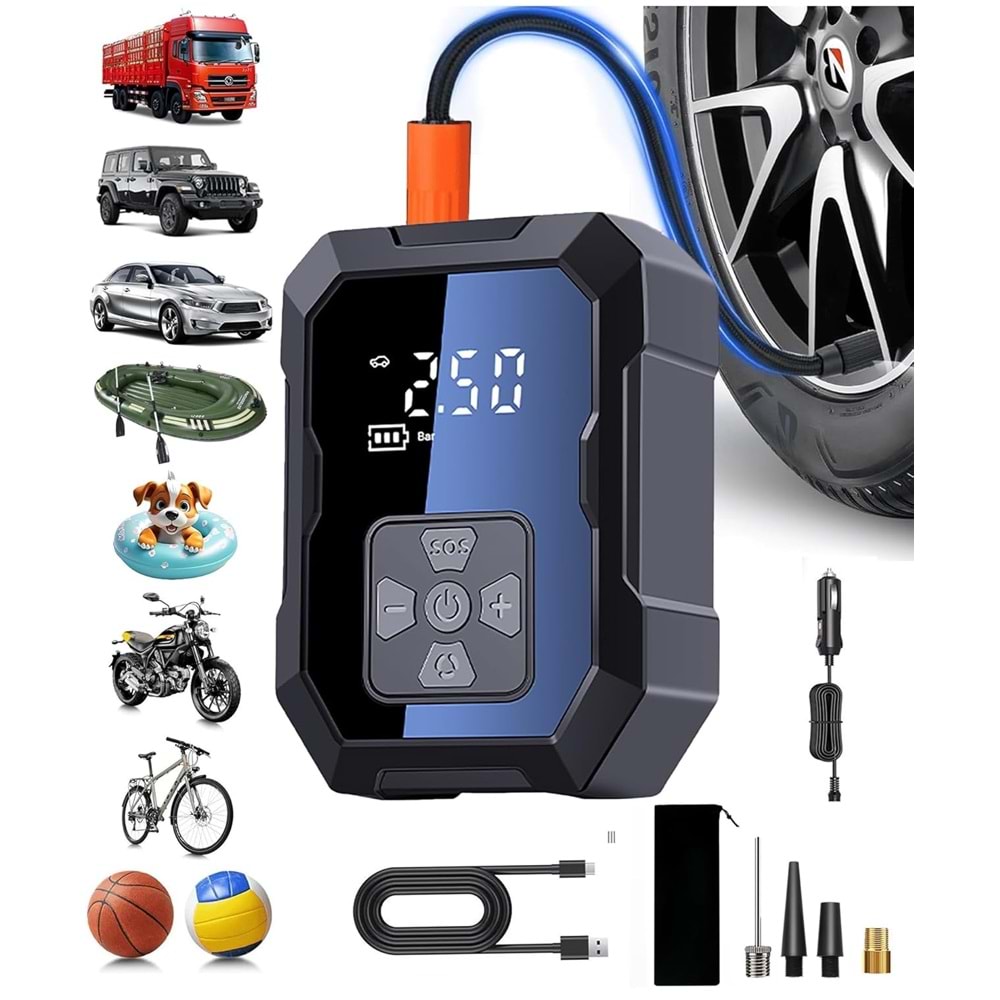 Power Bank Özellikli,Çakar ve Işık Eklentili, Şarjlı Araç Lastik Şişirme Kompresörü