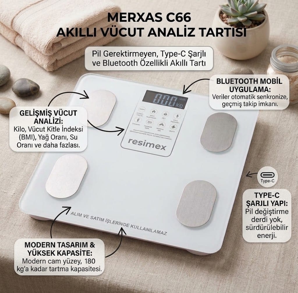 Merxas Şarjlı ve Bluettoth Bağlantılı Banyo Baskülü